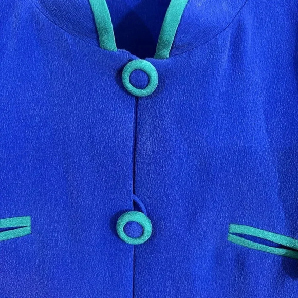Shomi 100% Silk Blue Button Up Vintage Blouse Teal Green Trim NWT $198 Retro - Picture 6 of 9